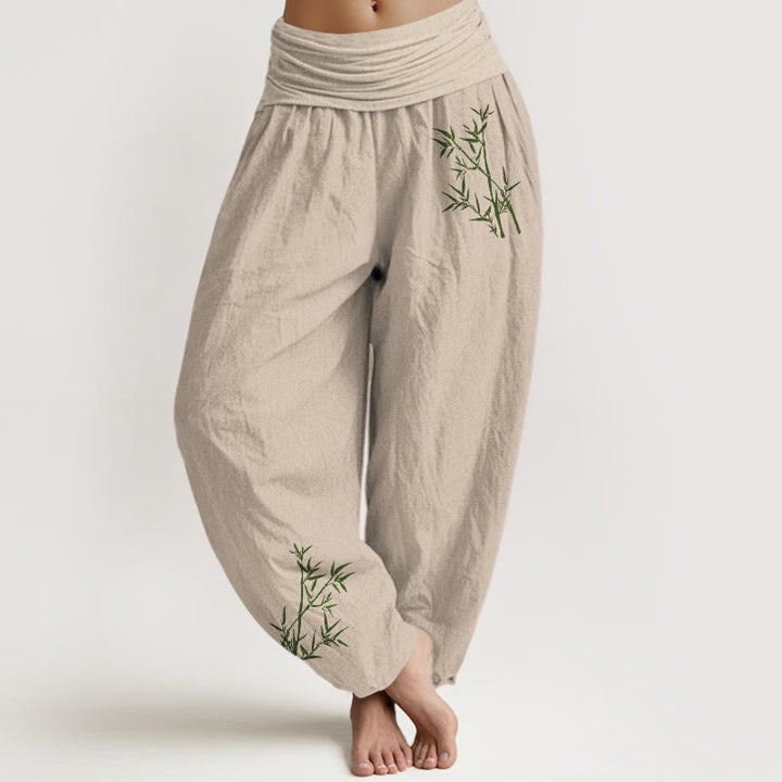 Pantaloni harem da donna in puro cotone con elastico in vita e stampa di bambù verde con motivo Buddha Stones - Abbronzatura - US22, UK/AU26, EU54 (6XL) - image 11