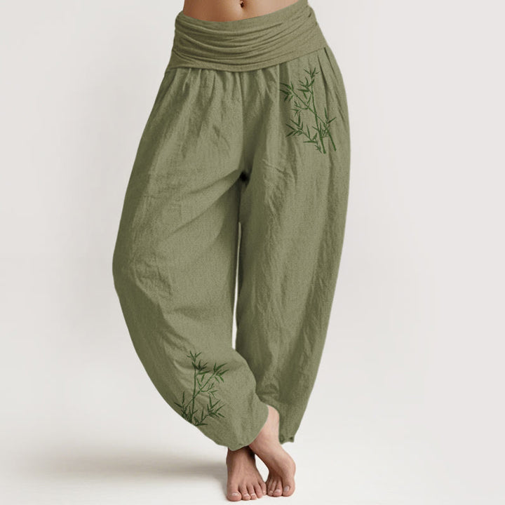 Pantaloni harem da donna in puro cotone con elastico in vita e stampa di bambù verde con motivo Buddha Stones - Verde oliva - US22, UK/AU26, EU54 (6XL) - image 14