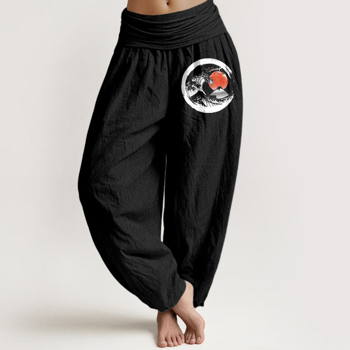 Pantaloni harem in puro cotone con elastico in vita, motivo Buddha Stones Wave Sun Mountains da donna - Nero - US22, UK/AU26, EU54 (6XL) - image 0