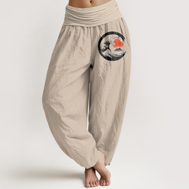 Pantaloni harem in puro cotone con elastico in vita, motivo Buddha Stones Wave Sun Mountains da donna - Abbronzatura - US22, UK/AU26, EU54 (6XL) - image 11