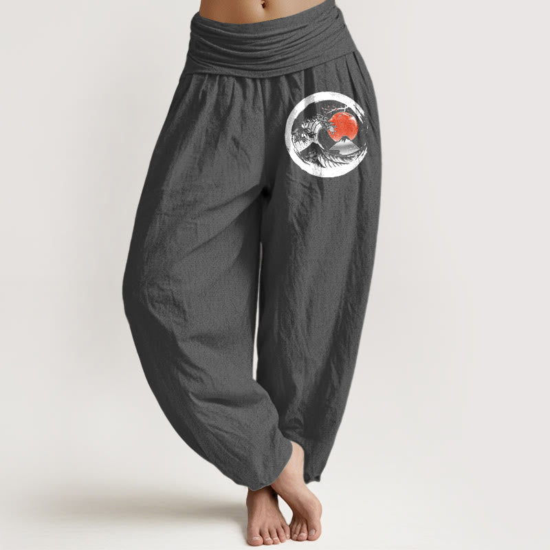 Pantaloni harem in puro cotone con elastico in vita, motivo Buddha Stones Wave Sun Mountains da donna - Grigio - US22, UK/AU26, EU54 (6XL) - image 8