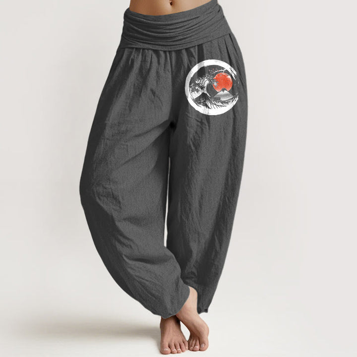 Pantaloni harem in puro cotone con elastico in vita, motivo Buddha Stones Wave Sun Mountains da donna - Grigio - US22, UK/AU26, EU54 (6XL) - image 8