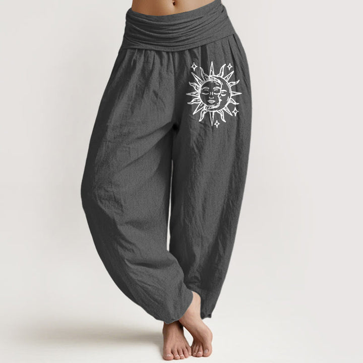 Pantaloni harem in puro cotone con elastico in vita e motivo sole e luna di Buddha Stones da donna - Grigio - US22, UK/AU26, EU54 (6XL) - image 8