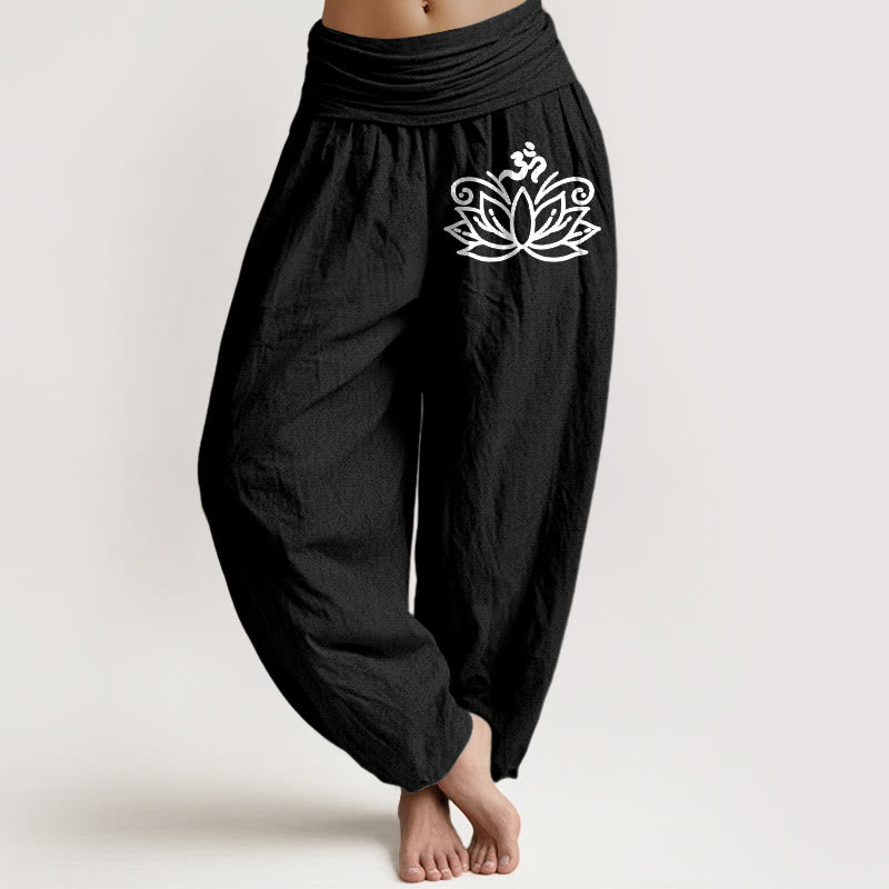 Pantaloni harem in puro cotone con elastico in vita e motivo a fiori di loto con Buddha Stones e simbolo Om - Nero - US22, UK/AU26, EU54 (6XL) - image 0