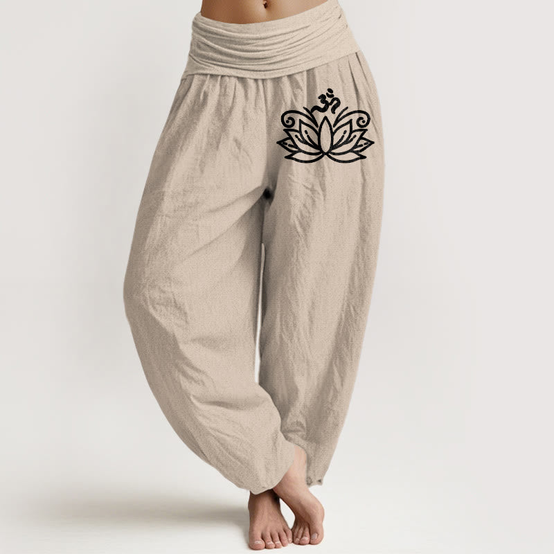 Pantaloni harem in puro cotone con elastico in vita e motivo a fiori di loto con Buddha Stones e simbolo Om - Tan - US22, UK/AU26, EU54 (6XL) - image 11