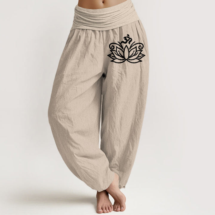 Pantaloni harem in puro cotone con elastico in vita e motivo a fiori di loto con Buddha Stones e simbolo Om - Tan - US22, UK/AU26, EU54 (6XL) - image 11