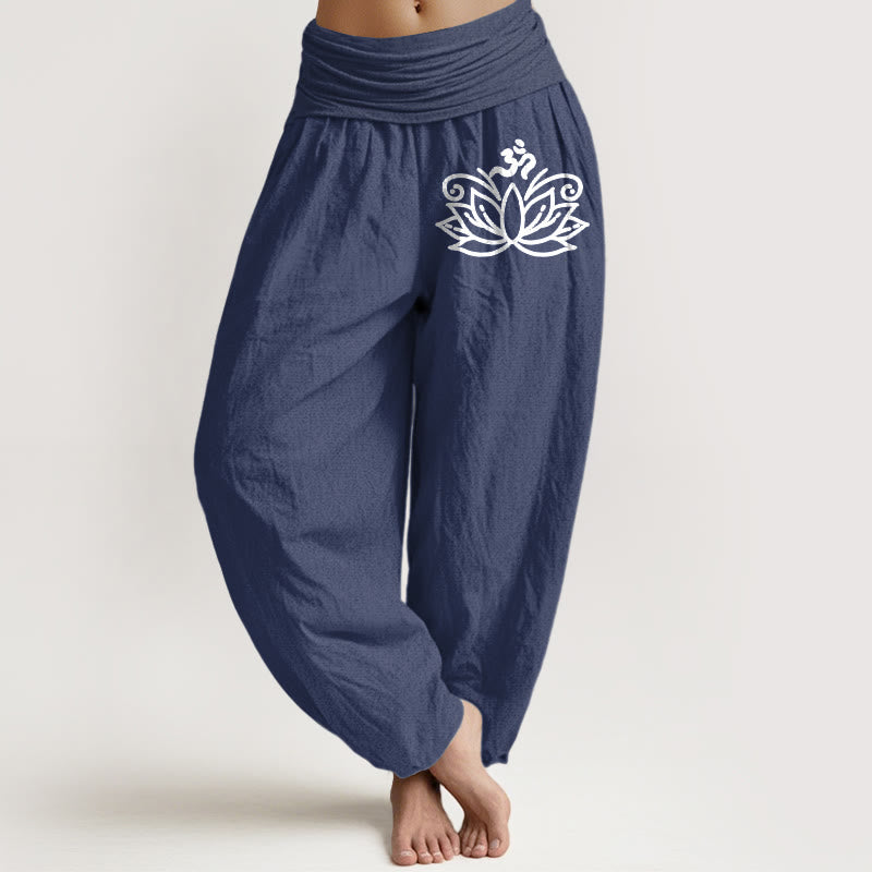 Pantaloni harem in puro cotone con elastico in vita e motivo a fiori di loto con Buddha Stones e simbolo Om - DarkSlateBlue - US22, UK/AU26, EU54 (6XL) - image 5