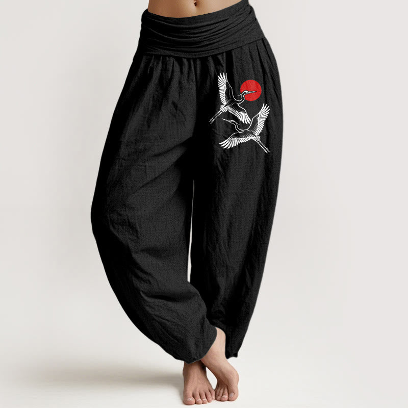 Pantaloni harem in puro cotone con elastico in vita e motivo a gru rosse e pietre Buddha Stones - Nero - US22, UK/AU26, EU54 (6XL) - image 0