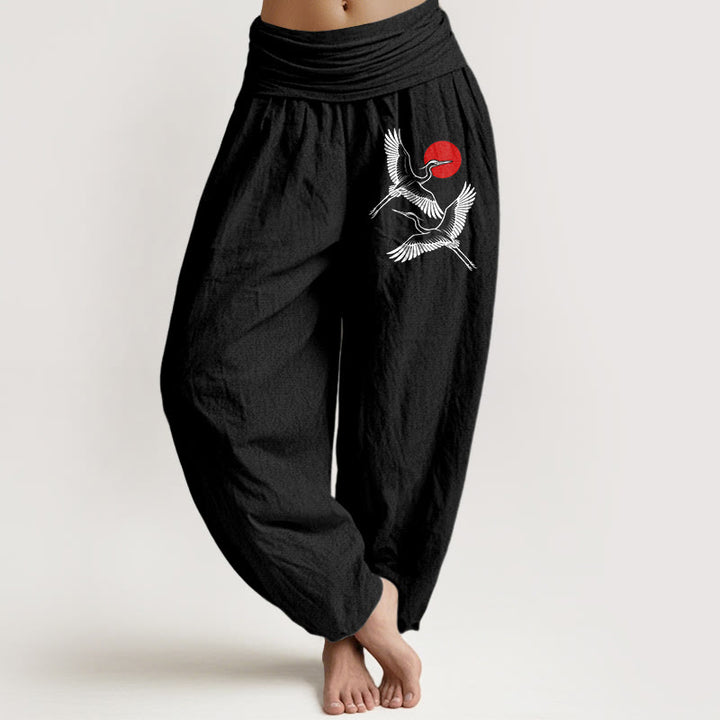 Pantaloni harem in puro cotone con elastico in vita e motivo a gru rosse e pietre Buddha Stones - Nero - US22, UK/AU26, EU54 (6XL) - image 0