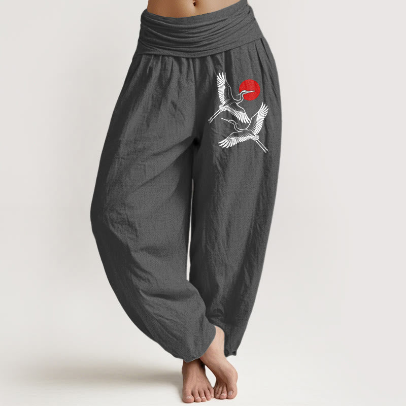 Pantaloni harem in puro cotone con elastico in vita e motivo a gru rosse e pietre Buddha Stones - Grigio - US22, UK/AU26, EU54 (6XL) - image 8