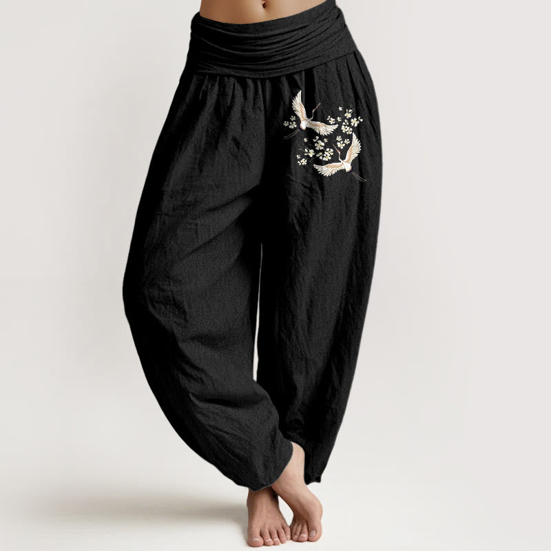 Pantaloni harem da donna in puro cotone con elastico in vita, motivo Buddha Stones Cranes Flowers - Nero - US22, UK/AU26, EU54 (6XL) - image 0