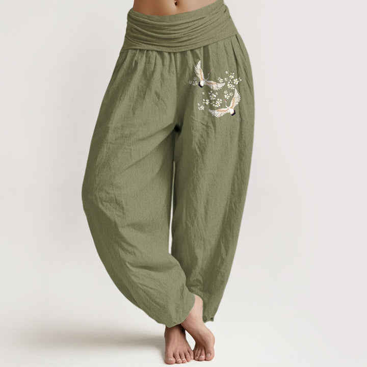 Pantaloni harem da donna in puro cotone con elastico in vita, motivo Buddha Stones Cranes Flowers - Verde oliva - US22, UK/AU26, EU54 (6XL) - image 14