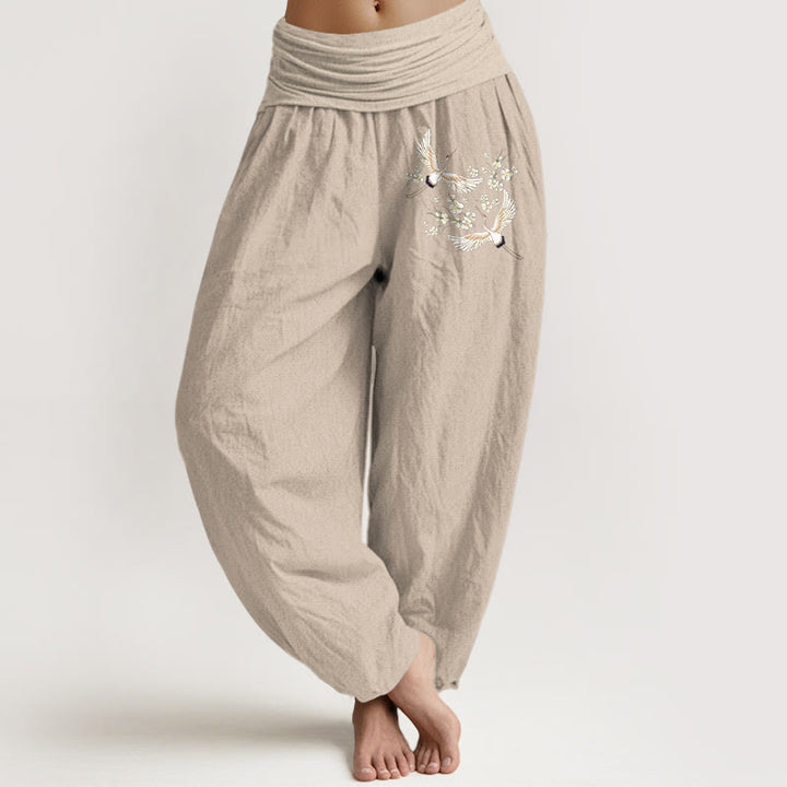 Pantaloni harem da donna in puro cotone con elastico in vita, motivo Buddha Stones Cranes Flowers - Abbronzatura - US22, UK/AU26, EU54 (6XL) - image 11