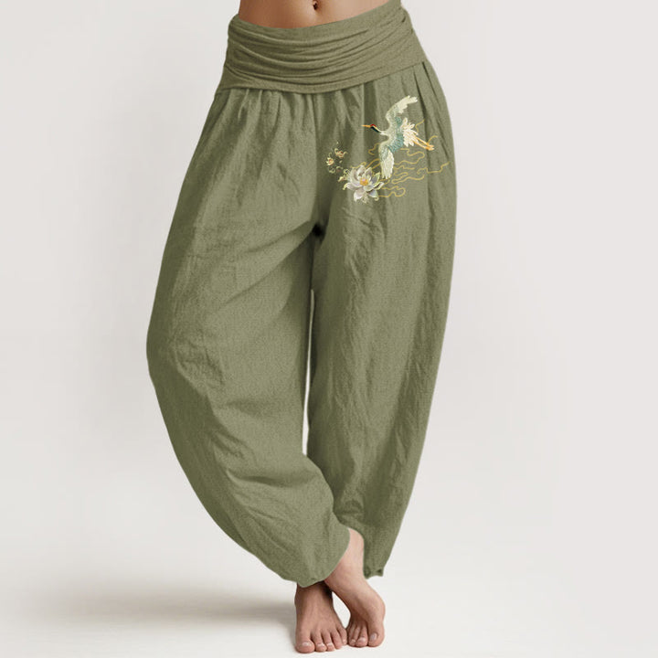 Pantaloni harem da donna in puro cotone con elastico in vita, motivo Buddha Stones Cranes Lotus - Verde oliva - US22, UK/AU26, EU54 (6XL) - image 14