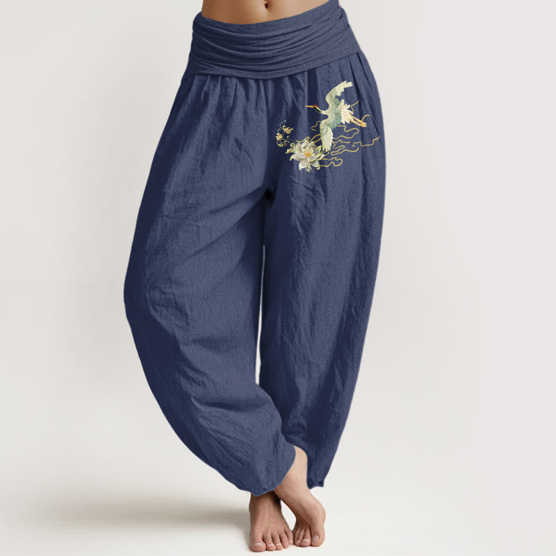 Pantaloni harem da donna in puro cotone con elastico in vita, motivo Buddha Stones Cranes Lotus - DarkSlateBlue - US22, UK/AU26, EU54 (6XL) - image 5