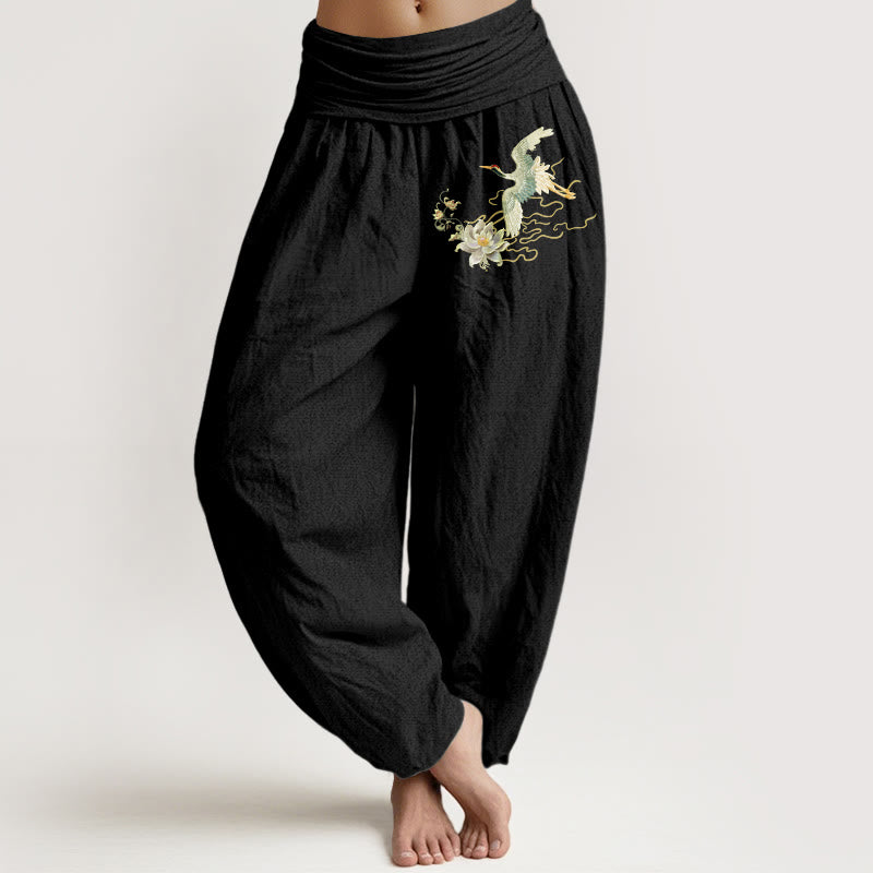 Pantaloni harem da donna in puro cotone con elastico in vita, motivo Buddha Stones Cranes Lotus - Nero - US22, UK/AU26, EU54 (6XL) - image 0