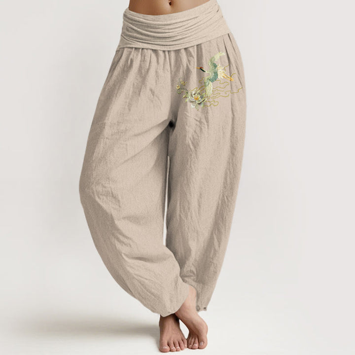 Pantaloni harem da donna in puro cotone con elastico in vita, motivo Buddha Stones Cranes Lotus - Abbronzatura - US22, UK/AU26, EU54 (6XL) - image 11