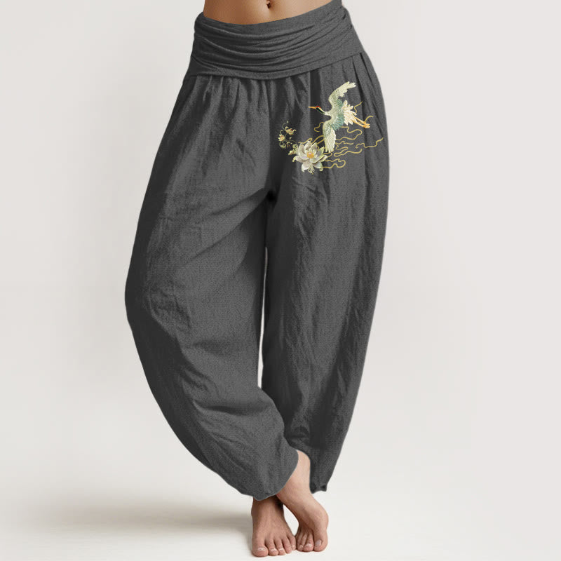 Pantaloni harem da donna in puro cotone con elastico in vita, motivo Buddha Stones Cranes Lotus - Grigio - US22, UK/AU26, EU54 (6XL) - image 8
