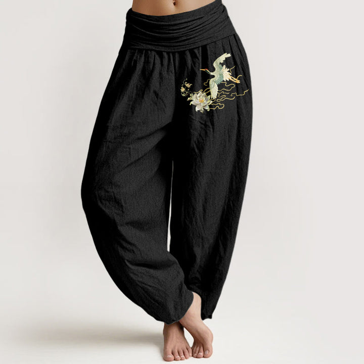 Pantaloni harem da donna in puro cotone con elastico in vita, motivo Buddha Stones Cranes Lotus - Nero - US22, UK/AU26, EU54 (6XL) - image 0