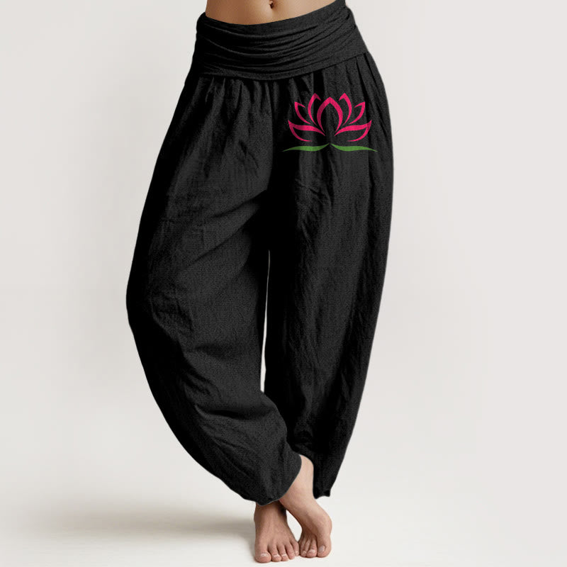 Pantaloni harem da donna in puro cotone con elastico in vita e motivo a loto rosa con motivo a pietre Buddha Stones - Nero - US22, UK/AU26, EU54 (6XL) - image 0