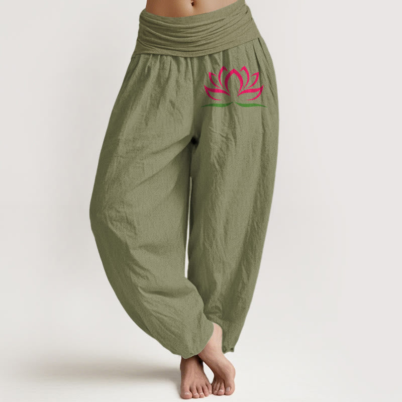 Pantaloni harem da donna in puro cotone con elastico in vita e motivo a loto rosa con motivo a pietre Buddha Stones - Verde oliva - US22, UK/AU26, EU54 (6XL) - image 14