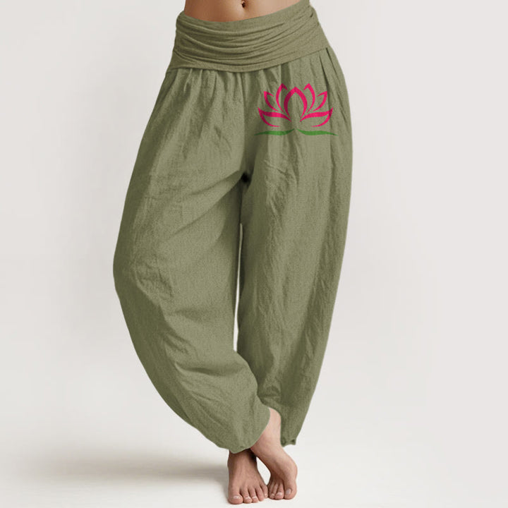 Pantaloni harem da donna in puro cotone con elastico in vita e motivo a loto rosa con motivo a pietre Buddha Stones - Verde oliva - US22, UK/AU26, EU54 (6XL) - image 14