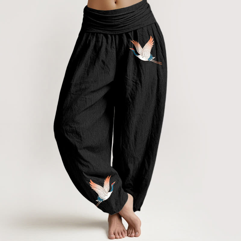 Pantaloni harem da donna in puro cotone con elastico in vita e motivo a due gru graziose Buddha Stones - Nero - US22, UK/AU26, EU54 (6XL) - image 0