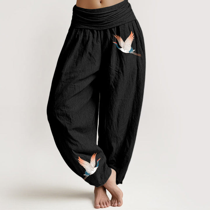 Pantaloni harem da donna in puro cotone con elastico in vita e motivo a due gru graziose Buddha Stones - Nero - US22, UK/AU26, EU54 (6XL) - image 0