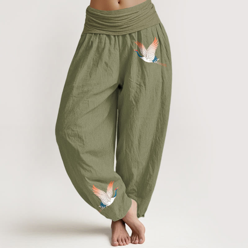 Pantaloni harem da donna in puro cotone con elastico in vita e motivo a due gru graziose Buddha Stones - Verde oliva - US22, UK/AU26, EU54 (6XL) - image 14