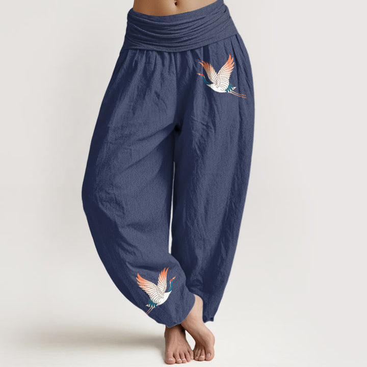 Pantaloni harem da donna in puro cotone con elastico in vita e motivo a due gru graziose Buddha Stones - DarkSlateBlue - US22, UK/AU26, EU54 (6XL) - image 5