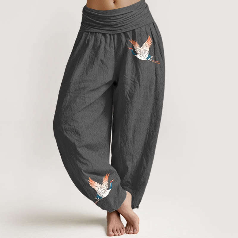Pantaloni harem da donna in puro cotone con elastico in vita e motivo a due gru graziose Buddha Stones - Grigio - US22, UK/AU26, EU54 (6XL) - image 8