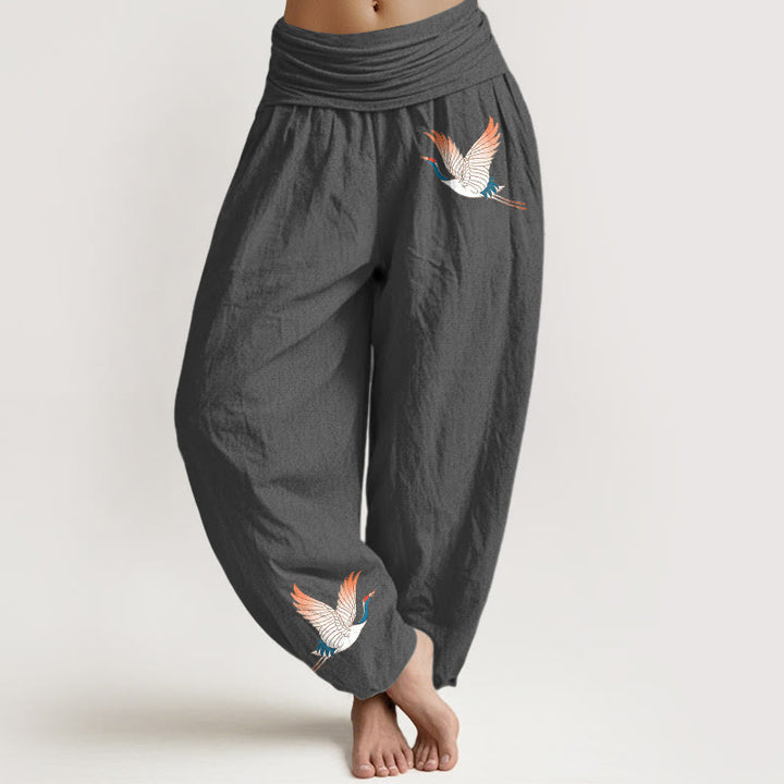 Pantaloni harem da donna in puro cotone con elastico in vita e motivo a due gru graziose Buddha Stones - Grigio - US22, UK/AU26, EU54 (6XL) - image 8