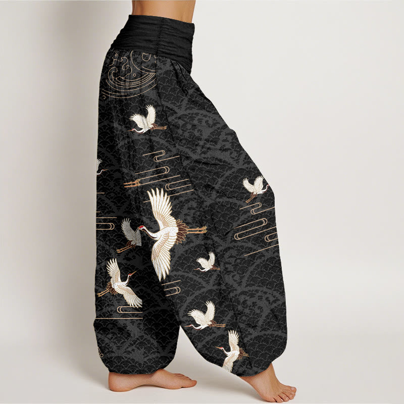 Pantaloni harem da donna in puro cotone con elastico in vita e motivo a onde e stampa di Buddha Stones gru - image 1