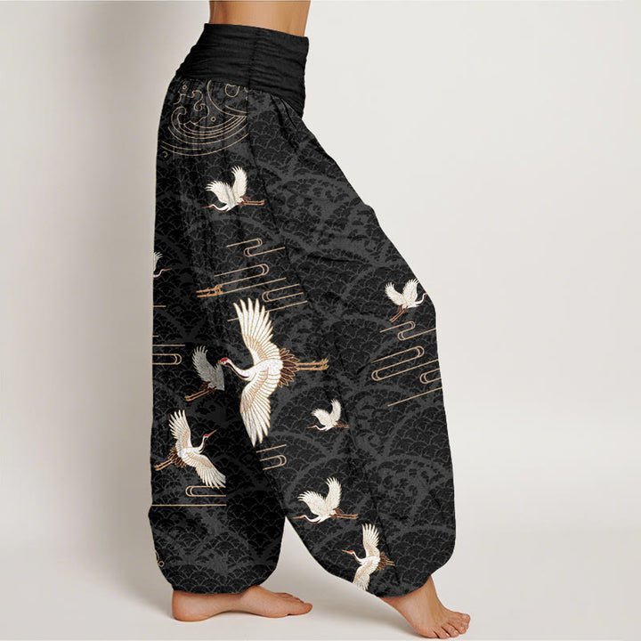 Pantaloni harem da donna in puro cotone con elastico in vita e motivo a onde e stampa di Buddha Stones gru - image 1