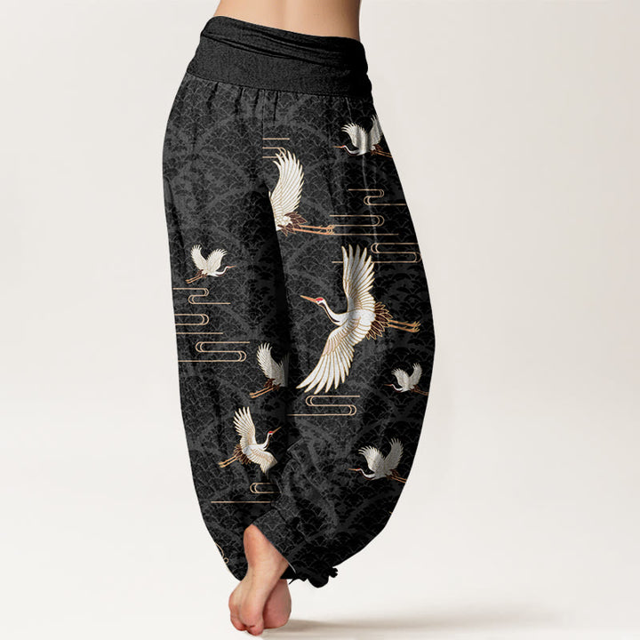 Pantaloni harem da donna in puro cotone con elastico in vita e motivo a onde e stampa di Buddha Stones gru - image 2