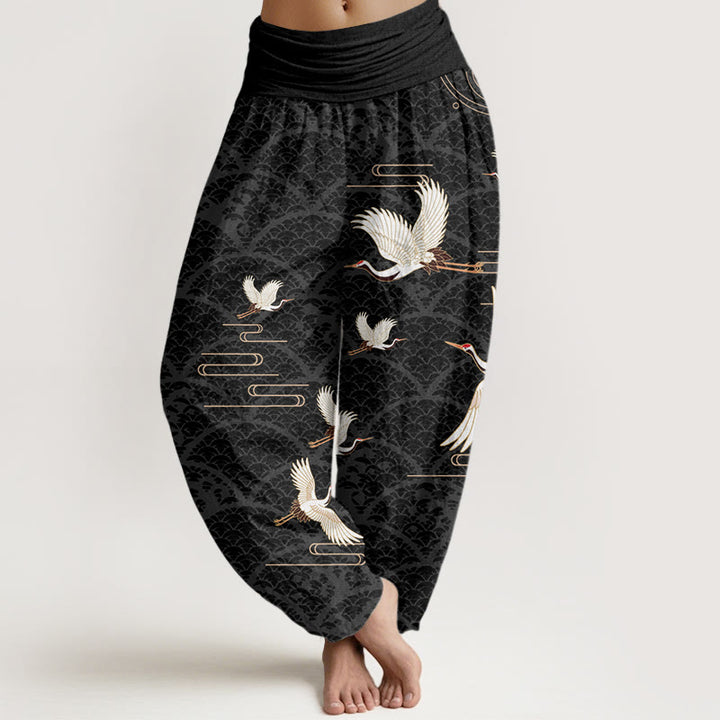 Pantaloni harem da donna in puro cotone con elastico in vita e motivo a onde e stampa di Buddha Stones gru - Nero - US22, UK/AU26, EU54 (6XL) - image 0