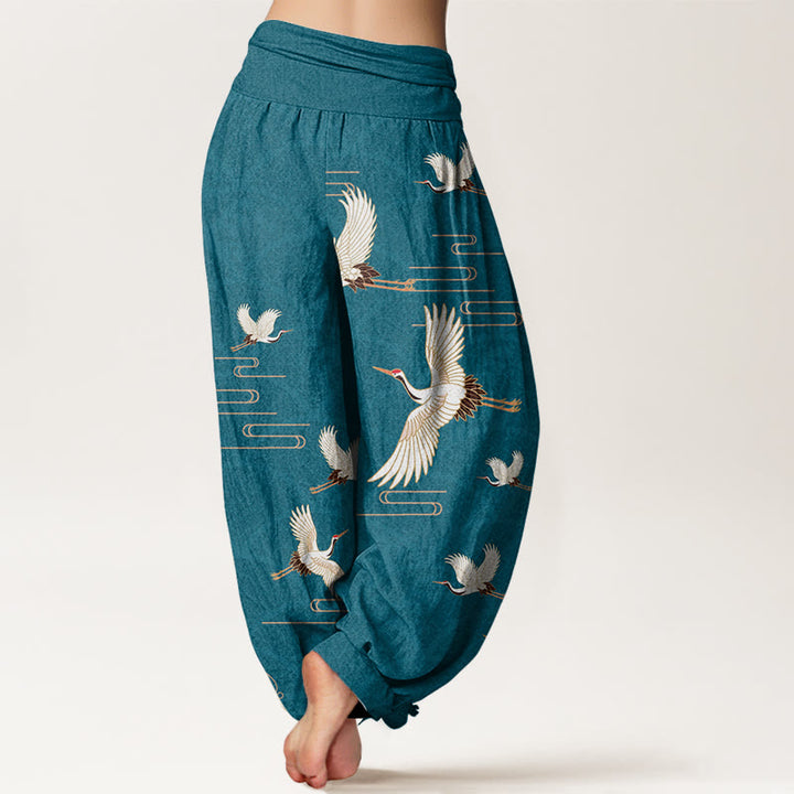 Pantaloni harem da donna in puro cotone con elastico in vita e motivo a onde e stampa di Buddha Stones gru - image 7