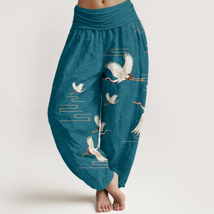 Pantaloni harem da donna in puro cotone con elastico in vita e motivo a onde e stampa di Buddha Stones gru - Ciano scuro - US22, UK/AU26, EU54 (6XL) - image 5