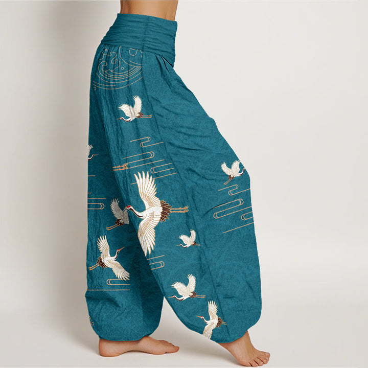 Pantaloni harem da donna in puro cotone con elastico in vita e motivo a onde e stampa di Buddha Stones gru - image 7