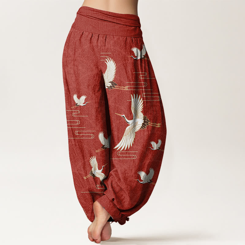 Pantaloni harem da donna in puro cotone con elastico in vita e motivo a onde e stampa di Buddha Stones gru - image 9