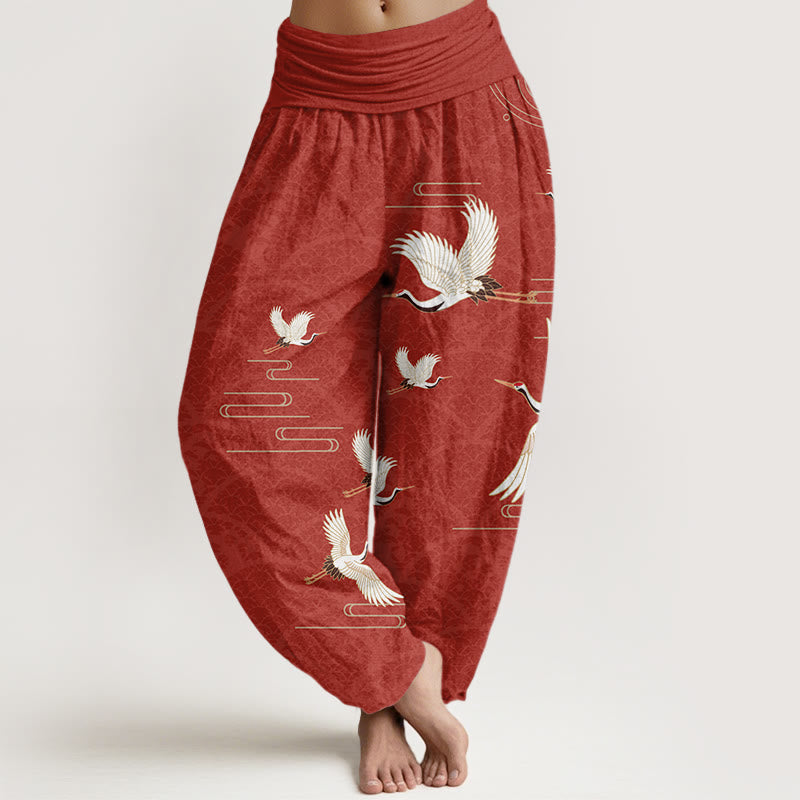 Pantaloni harem da donna in puro cotone con elastico in vita e motivo a onde e stampa di Buddha Stones gru - Mattoni refrattari - US22, UK/AU26, EU54 (6XL) - image 8