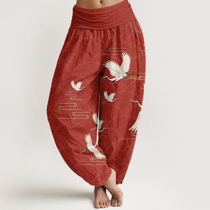 Pantaloni harem da donna in puro cotone con elastico in vita e motivo a onde e stampa di Buddha Stones gru - Mattoni refrattari - US22, UK/AU26, EU54 (6XL) - image 8