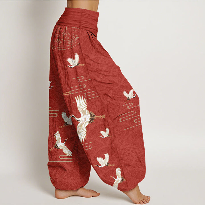 Pantaloni harem da donna in puro cotone con elastico in vita e motivo a onde e stampa di Buddha Stones gru - image 9