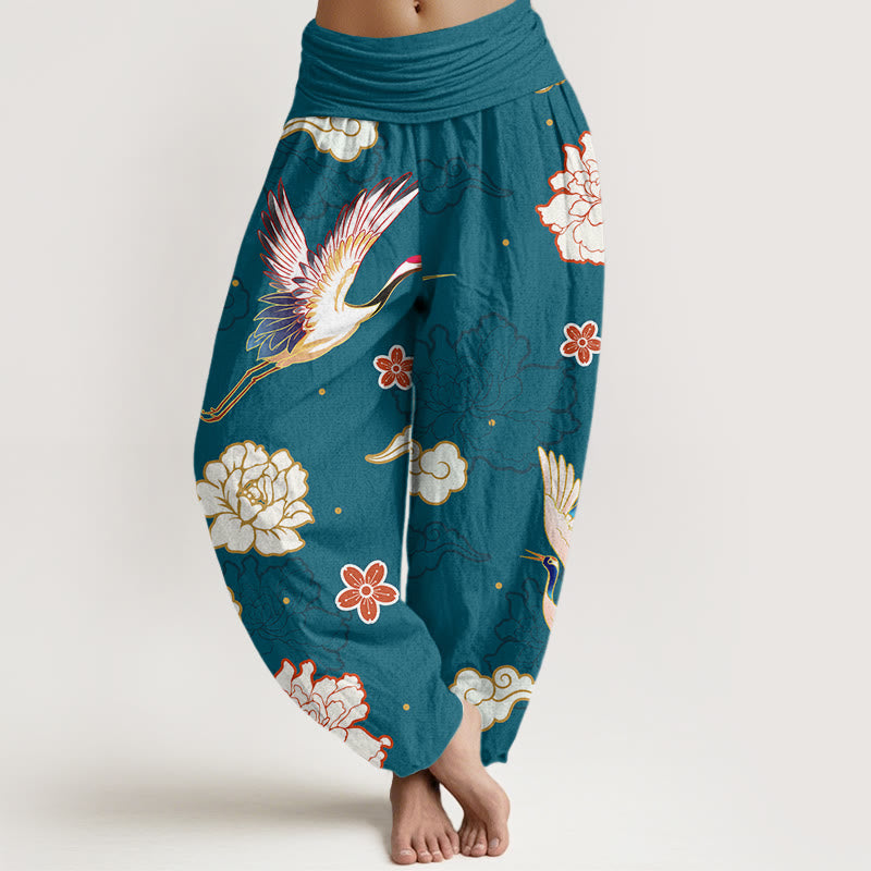 Pantaloni harem in puro cotone con elastico in vita, motivo gru, peonie e stampa di pietre Buddha Stones da donna - Ciano scuro - US22, UK/AU26, EU54 (6XL) - image 0