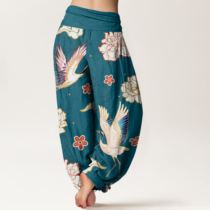 Pantaloni harem in puro cotone con elastico in vita, motivo gru, peonie e stampa di pietre Buddha Stones da donna - image 1