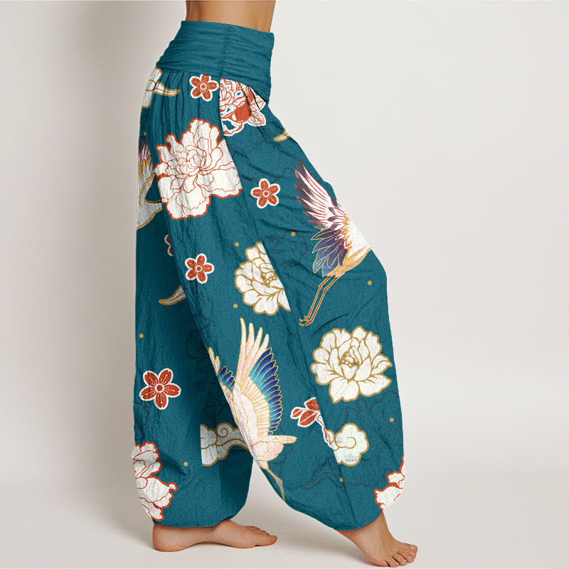 Pantaloni harem in puro cotone con elastico in vita, motivo gru, peonie e stampa di pietre Buddha Stones da donna - image 1