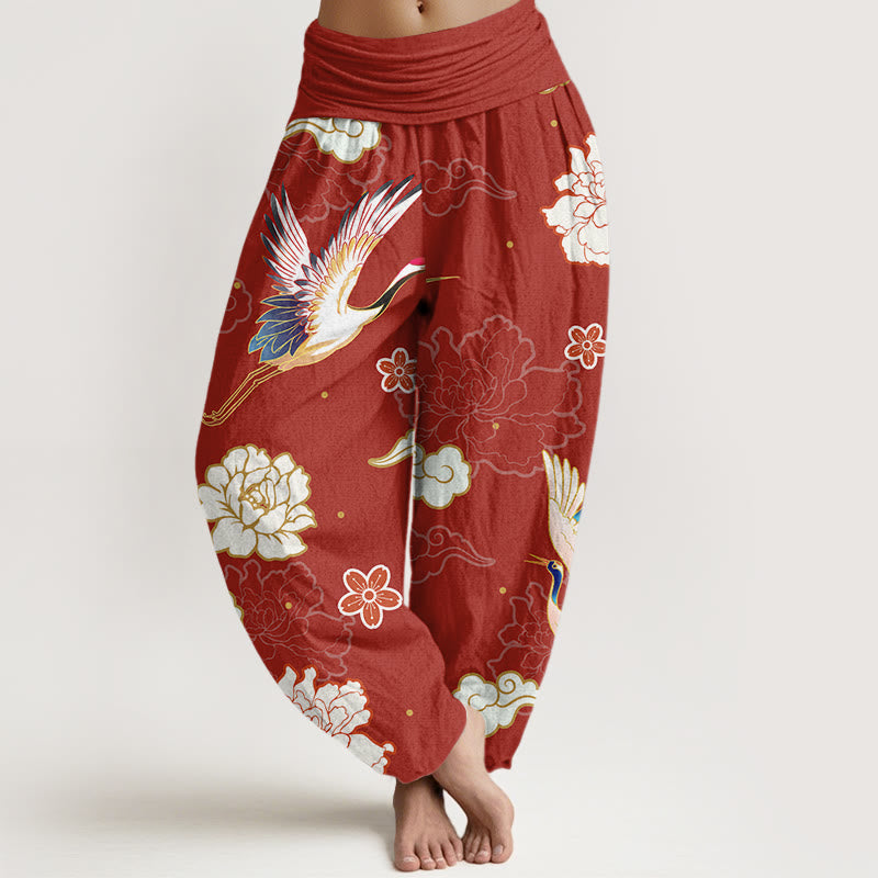 Pantaloni harem in puro cotone con elastico in vita, motivo gru, peonie e stampa di pietre Buddha Stones da donna - Mattoni refrattari - US22, UK/AU26, EU54 (6XL) - image 5