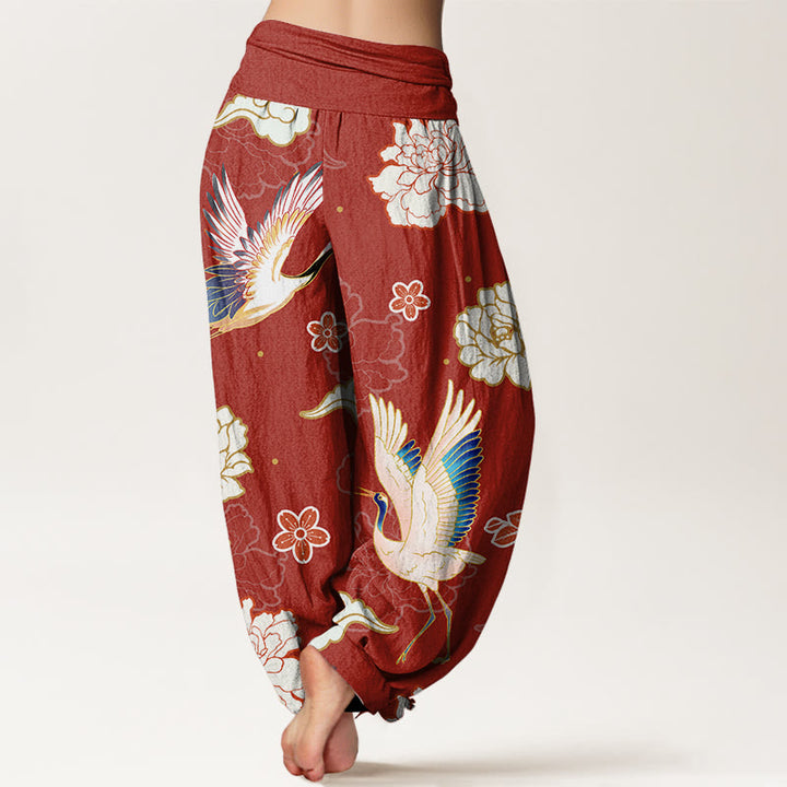 Pantaloni harem in puro cotone con elastico in vita, motivo gru, peonie e stampa di pietre Buddha Stones da donna - image 7