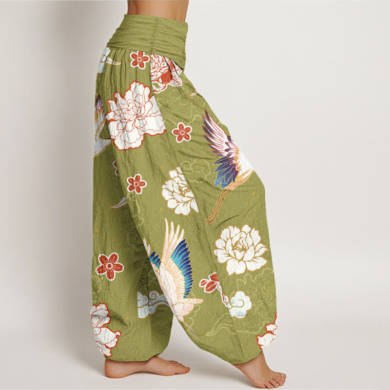 Pantaloni harem in puro cotone con elastico in vita, motivo gru, peonie e stampa di pietre Buddha Stones da donna - image 10