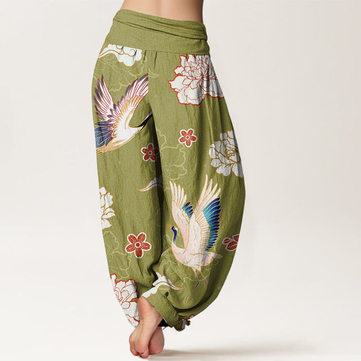 Pantaloni harem in puro cotone con elastico in vita, motivo gru, peonie e stampa di pietre Buddha Stones da donna - image 9